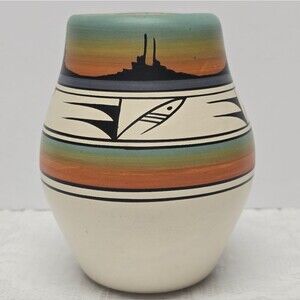 Native American Hand Painted Pottery Vase Signed By Wallace T. Navajo Folk Art